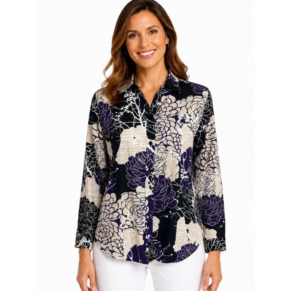 Chico’s Floral Cotton Wrinkle Resistant Shirt Size 1 (US 8) EUC